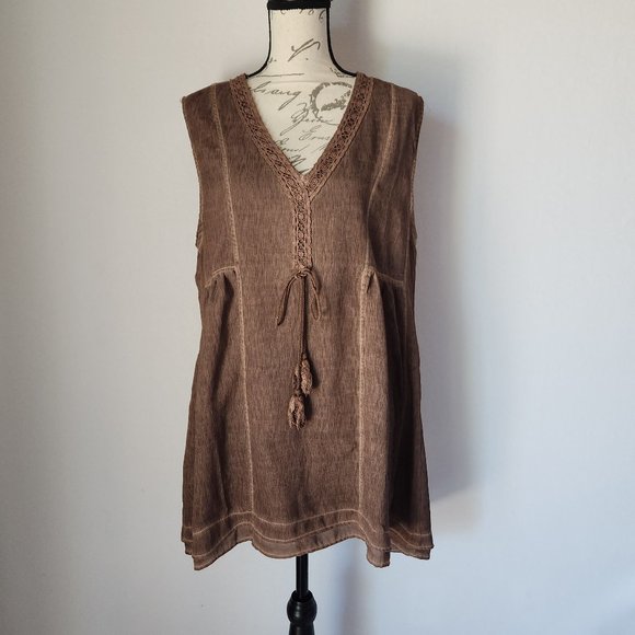 NWT Pretty Angel Linen Blend Lace Trim V-Neck Peplum Top Sleeveless Brown - Picture 1 of 7